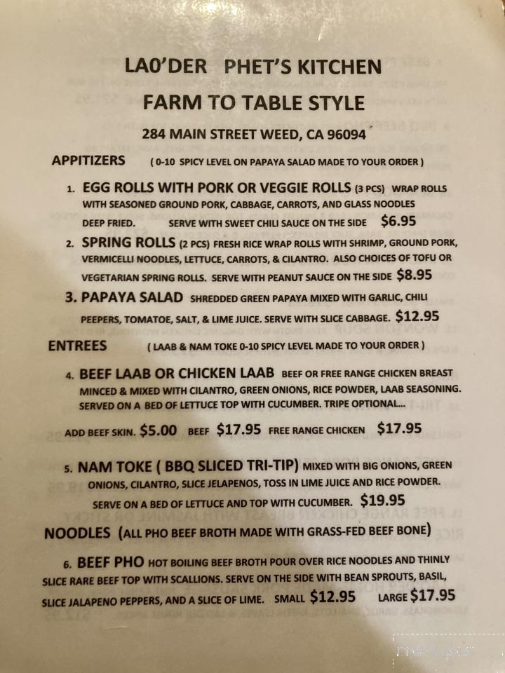 Laoder Phets Kitchen Farm To Table - Weed, CA menu_pic