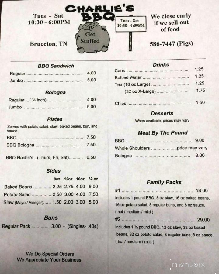 Charlie's BBQ - Bruceton, TN menu_pic