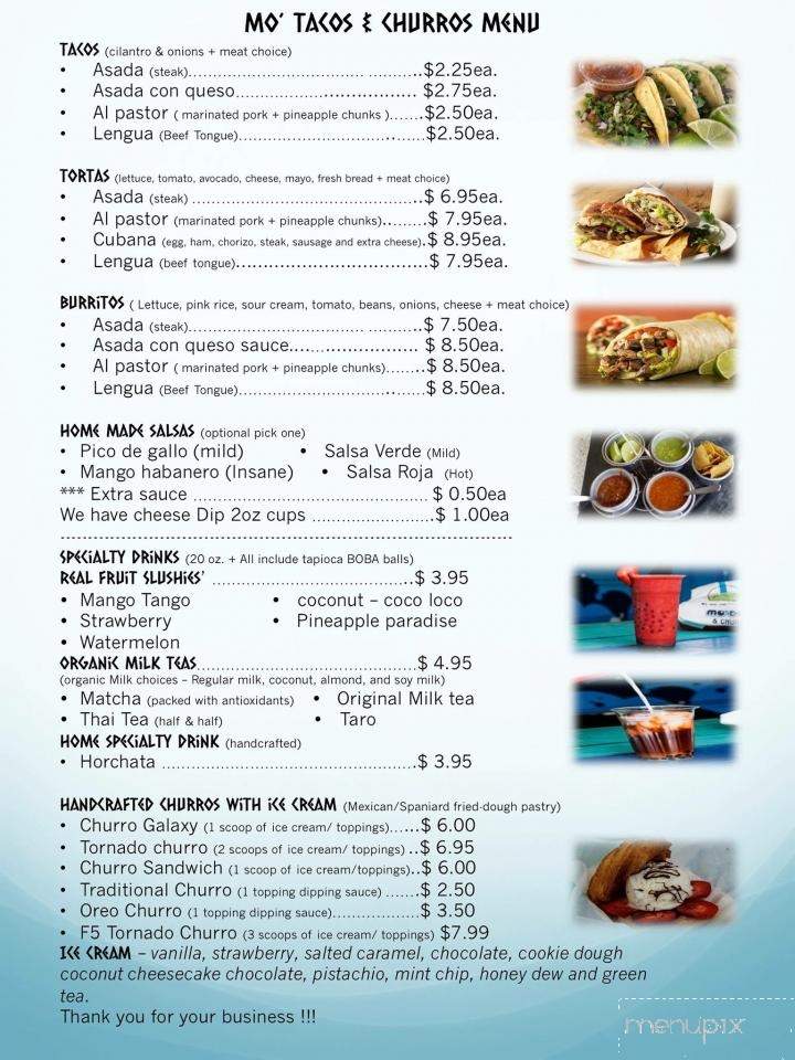 Menu of Mo' Tacos & Churros Food Truck in Fayetteville, AR 72701