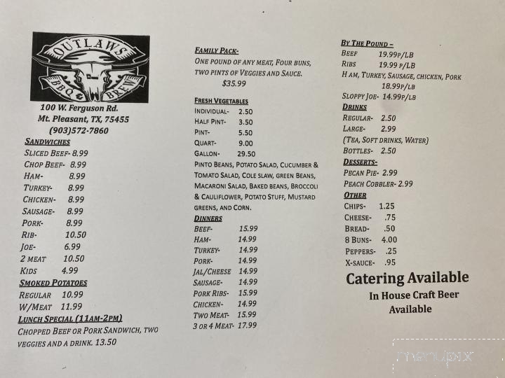 Outlaws Bar-B-Que - Mount Pleasant, TX menu_pic