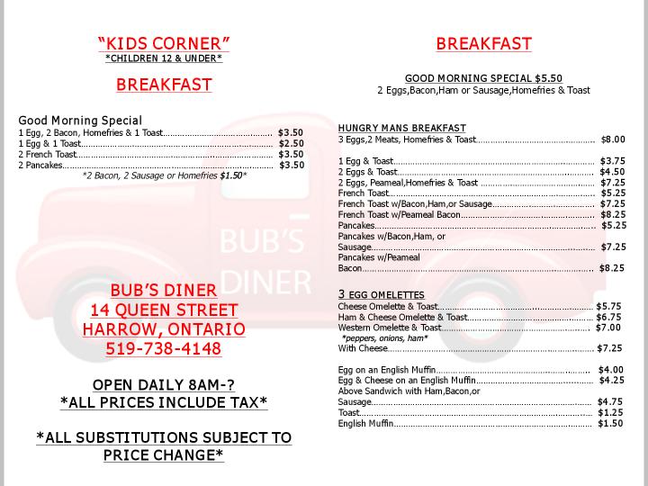 Bub's Diner - Harrow, ON menu_pic