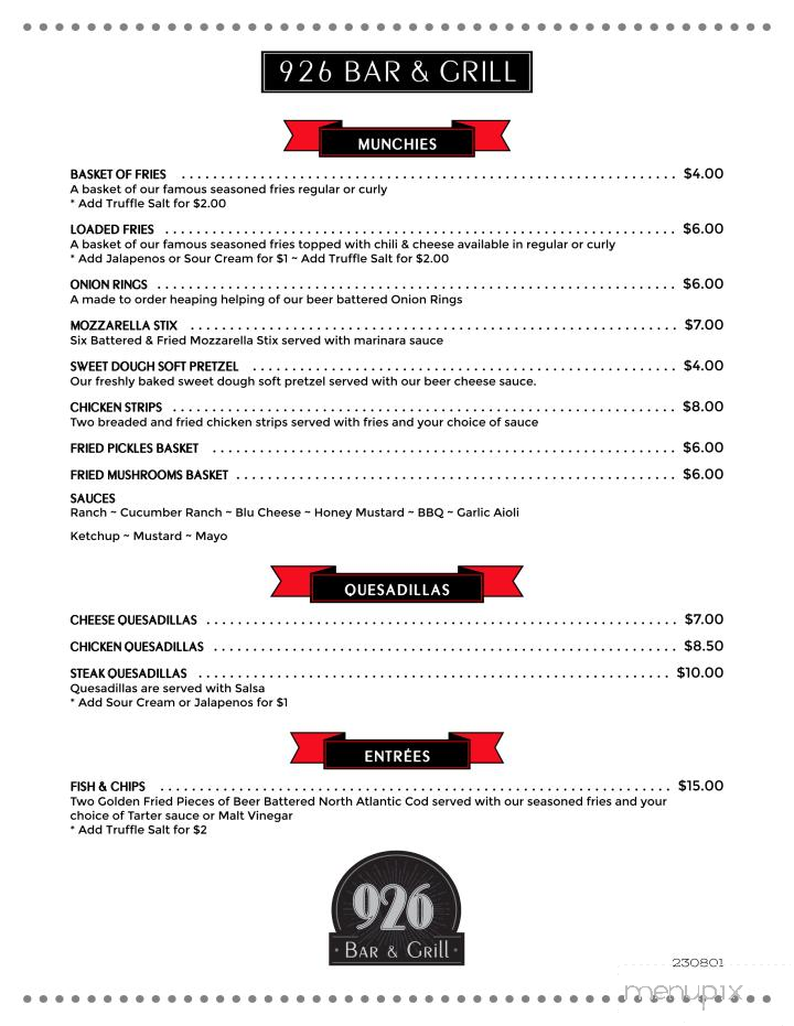 926 Bar & Grill - Tallahassee, FL menu_pic