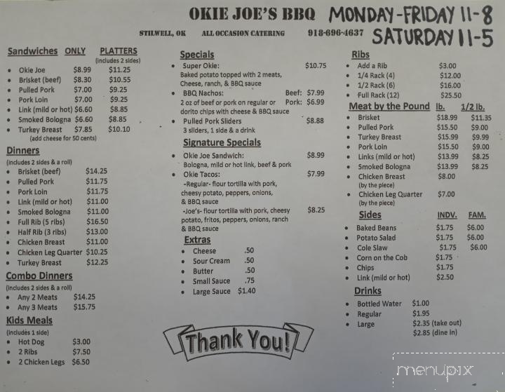 Okie Joes BBQ - Stilwell, OK menu_pic