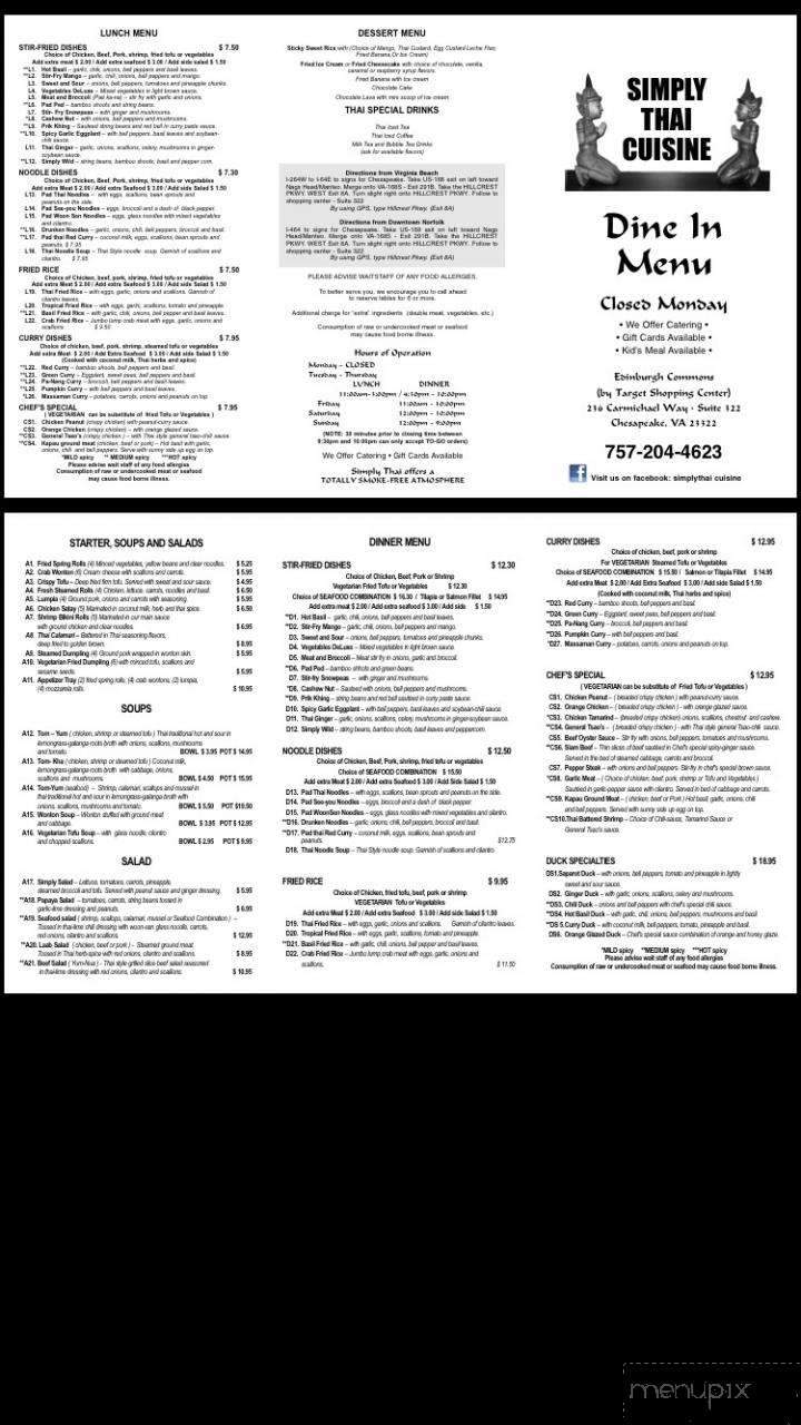 Simply Thai - Chesapeake, VA menu_pic
