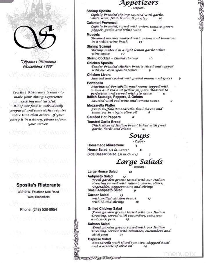 Sposita's Ristorante - West Bloomfield, MI menu_pic