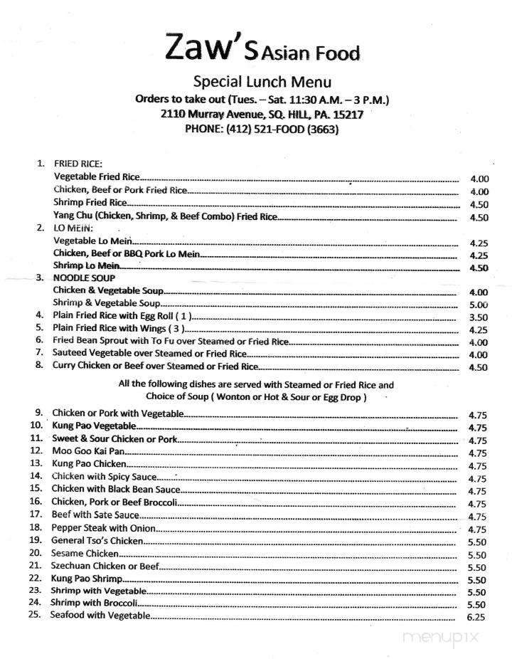 Zaw's Asian Food - Pittsburgh, PA menu_pic