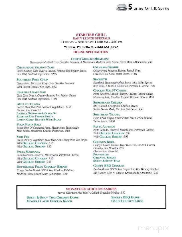 Starfire Grill & Spirits - Florence, SC menu_pic