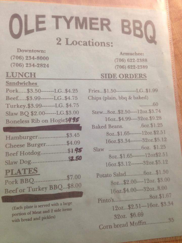 Ole Tymer Bar B Que - Rome, GA menu_pic