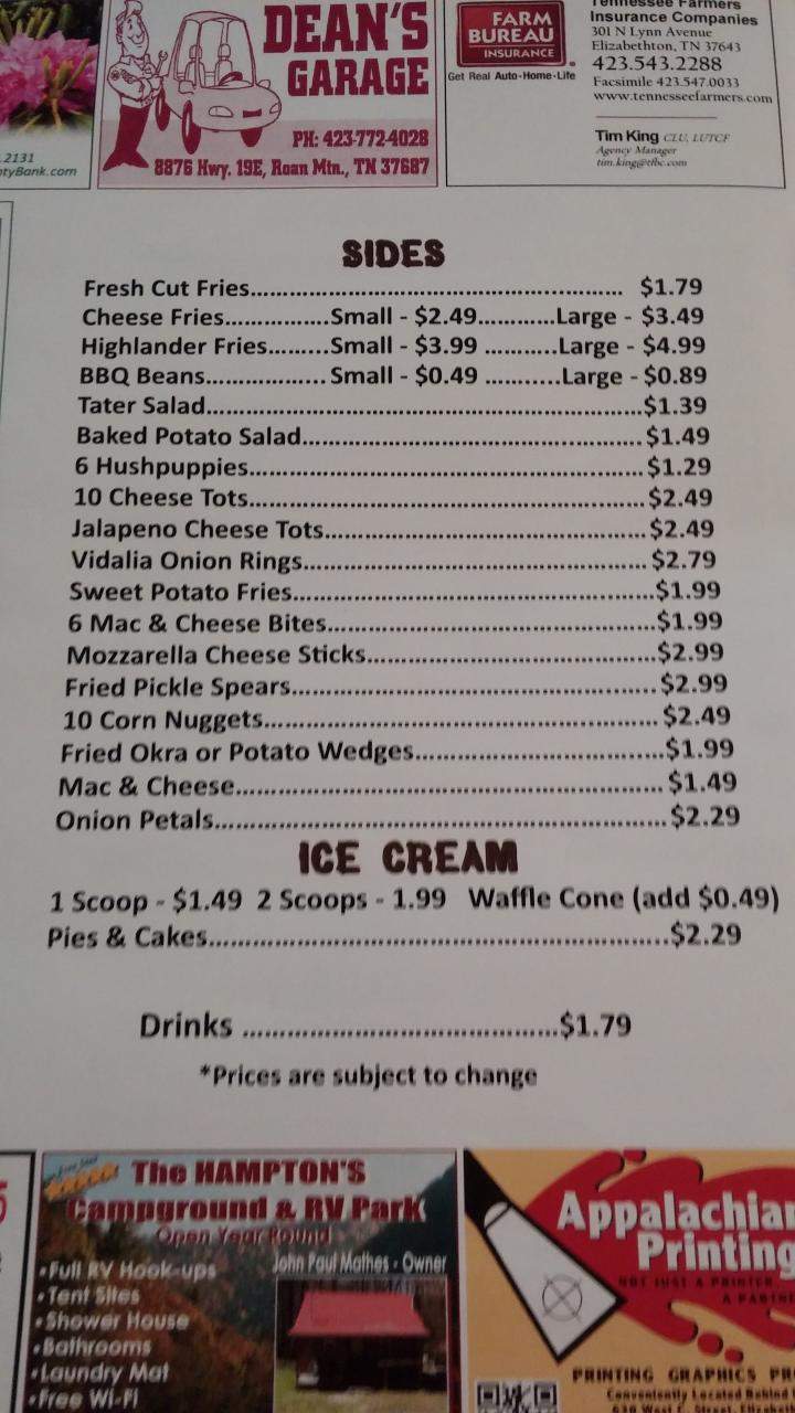 Highlander BBQ - Roan Mountain, TN menu_pic