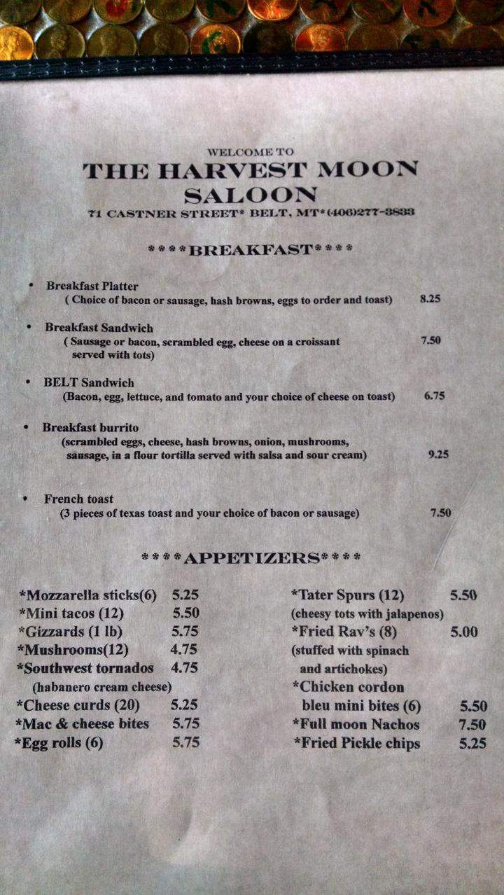 Harvest Moon Saloon - Belt, MT menu_pic