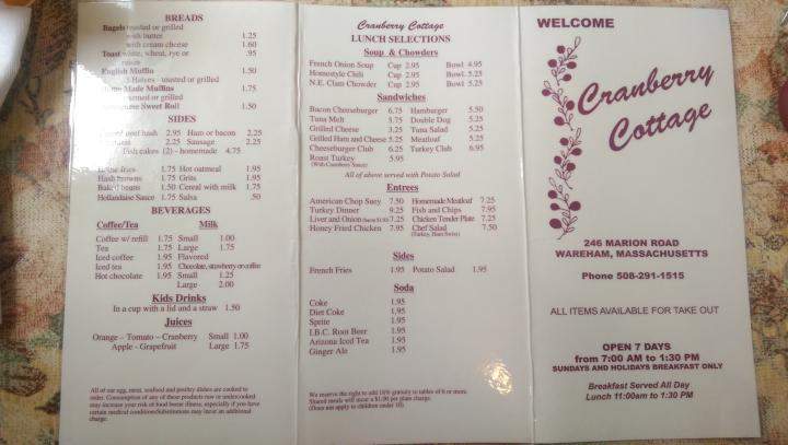 Cranberry Cottage - Wareham, MA menu_pic