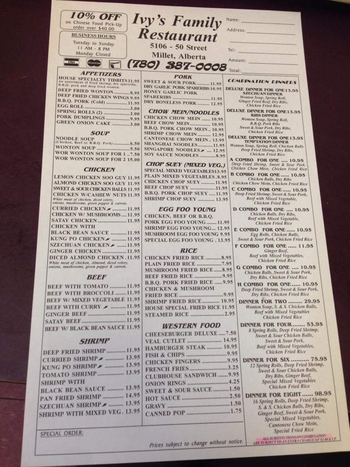 Ivys Family Restaurant - Millet, AB menu_pic