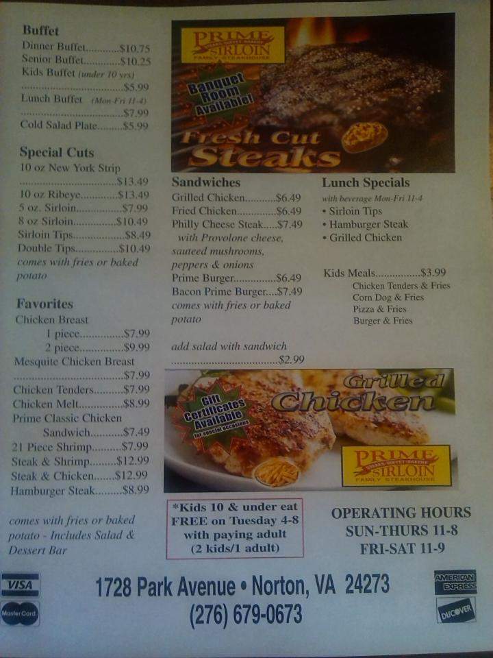 Prime Sirloin - Norton, VA menu_pic