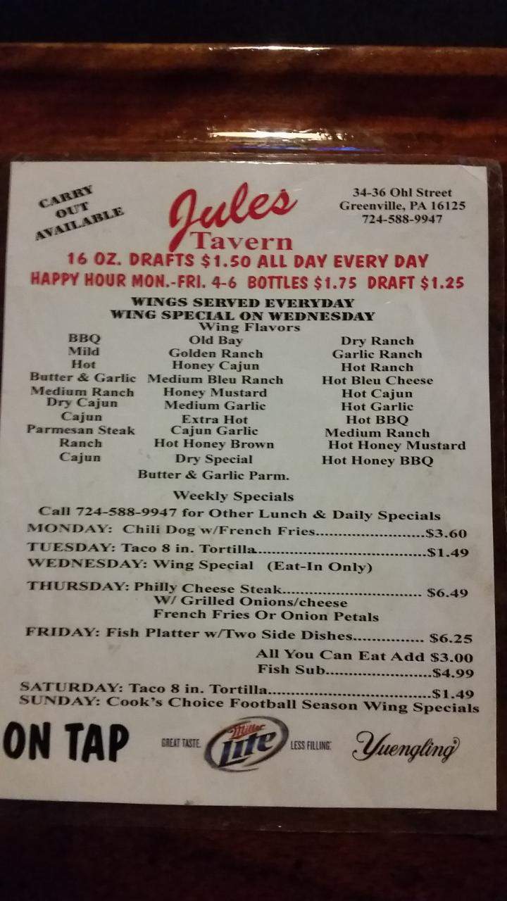 Jules Tavern - Greenville, PA menu_pic