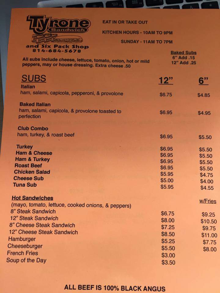 Tyrone Sandwich and Six Pack Shop - Tyrone, PA menu_pic