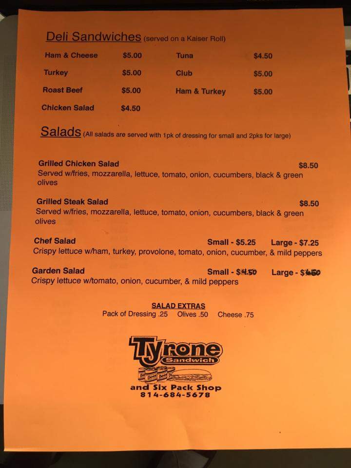 Tyrone Sandwich and Six Pack Shop - Tyrone, PA menu_pic