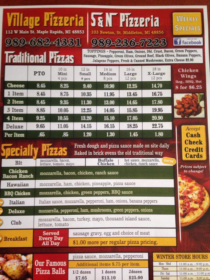 Village Pizzeria - Maple Rapids, MI menu_pic