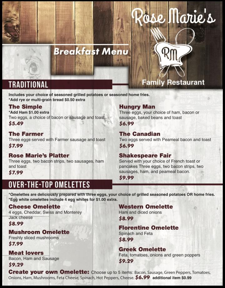 Rosemarie's Family Restaurant - Shakespeare, ON menu_pic