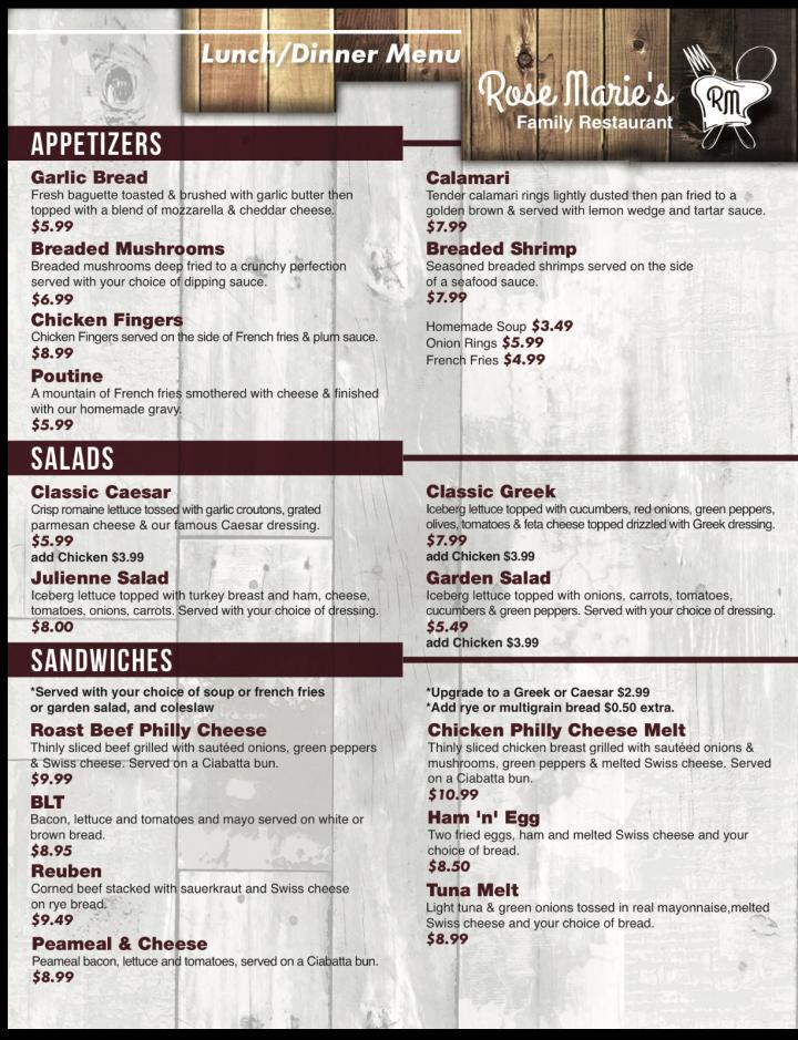 Rosemarie's Family Restaurant - Shakespeare, ON menu_pic