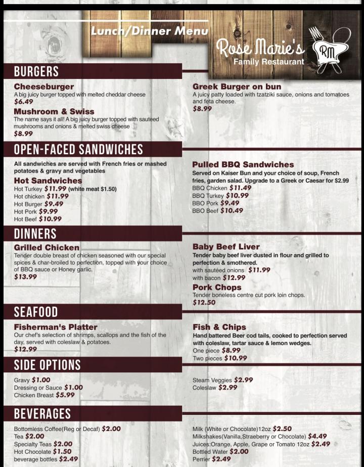Rosemarie's Family Restaurant - Shakespeare, ON menu_pic