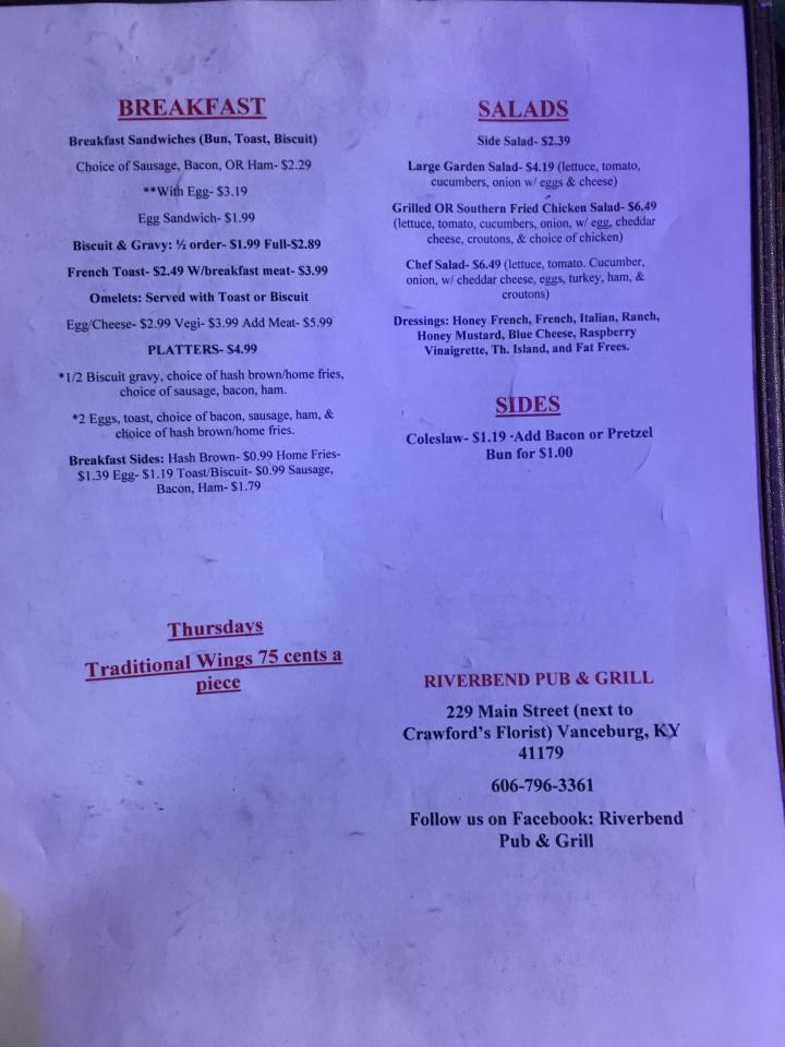 Riverbend Pub & Grill - Vanceburg, KY menu_pic