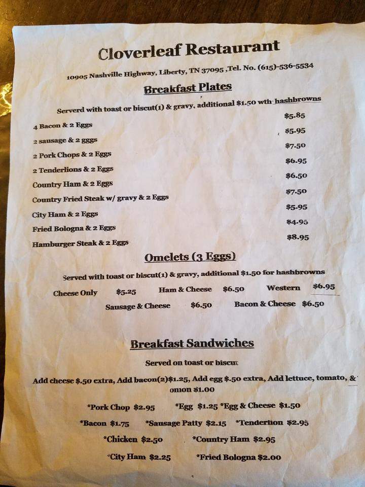 Cloverleaf Restaurant - Liberty, TN menu_pic