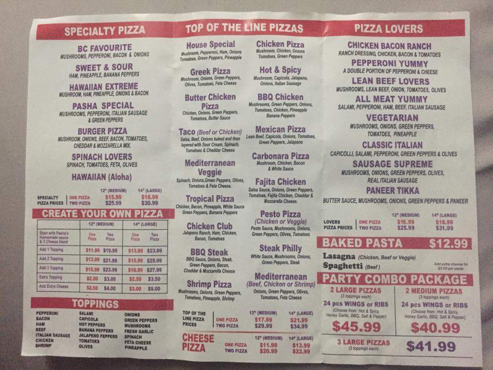 Menu of Pasha&#39;s Pizza & Indian food in Princeton, BC V0X 1W0