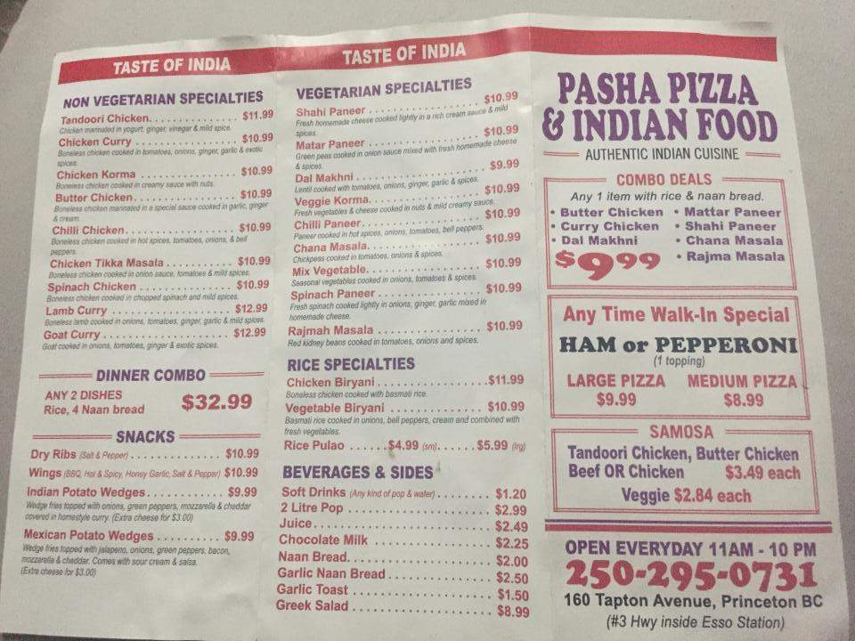 Menu of Pasha&#39;s Pizza & Indian food in Princeton, BC V0X 1W0
