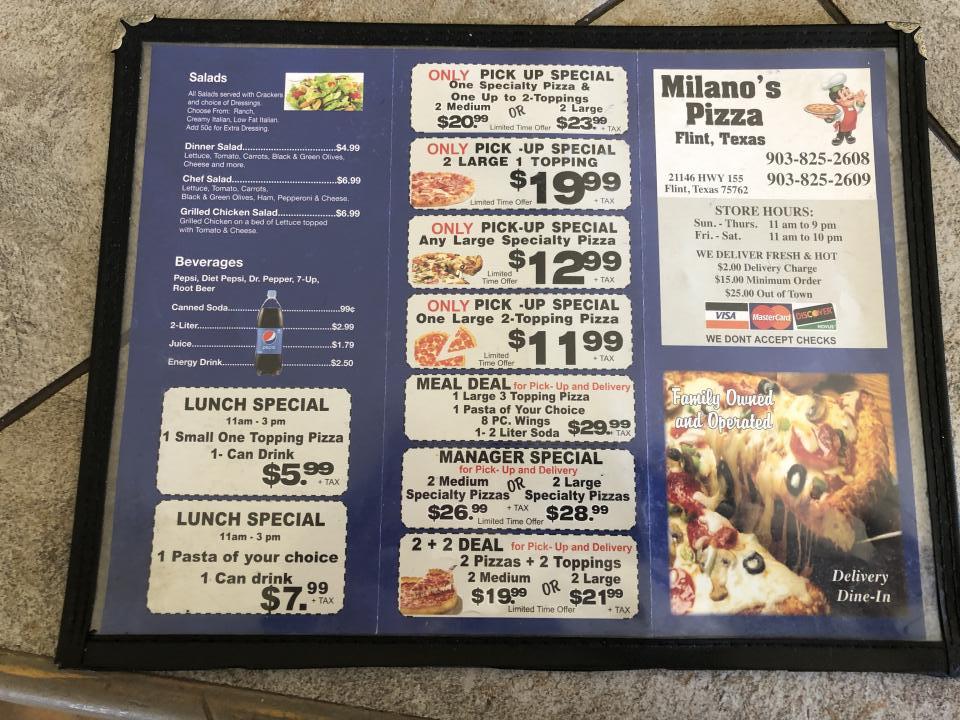 Menu of Milano's Pizza in Flint, TX 75762