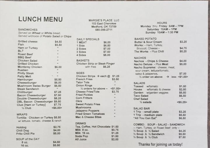 Margie's - Medford, OK menu_pic
