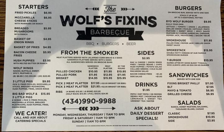 The Wolf's Fixins Barbecue - Ruckersville, VA menu_pic