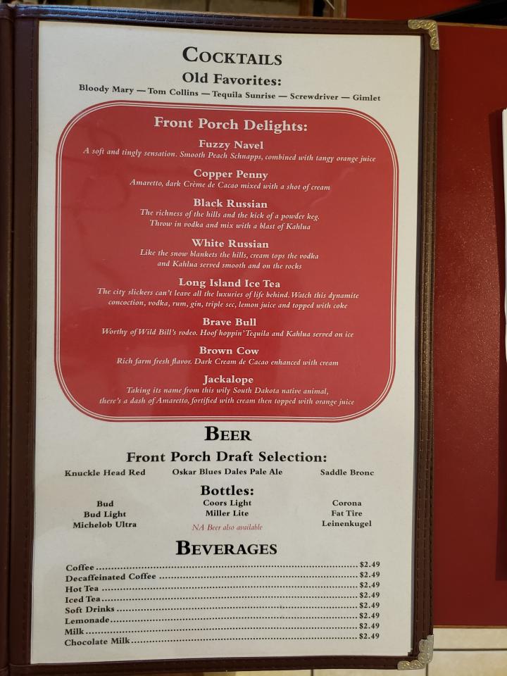 The Front Porch Restaurant and Bar - Keystone, SD menu_pic