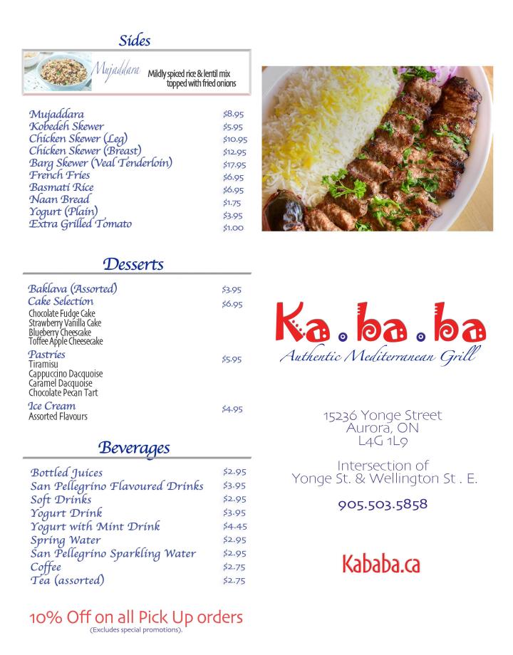 Kababa Restaurant - Aurora, ON menu_pic