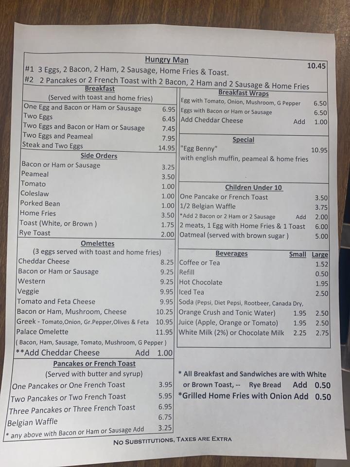Palace Restaurant & Tavern - Glencoe, ON menu_pic