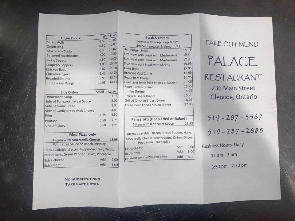 Palace Restaurant & Tavern - Glencoe, ON menu_pic