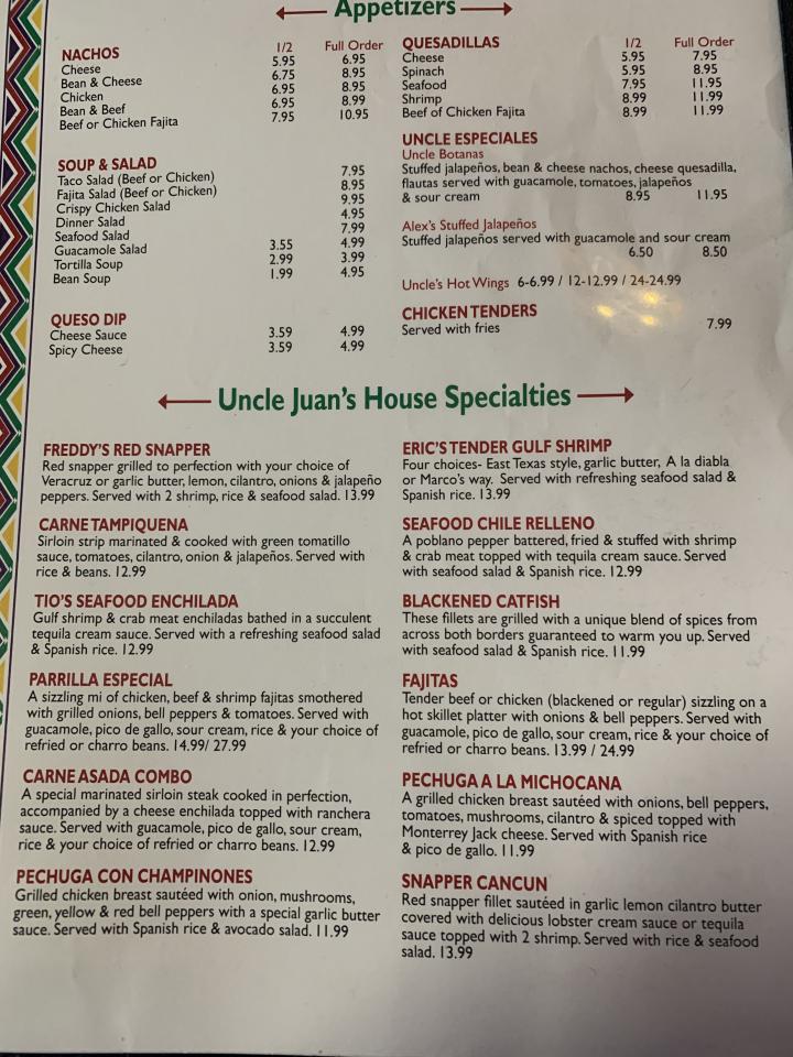 Menu of Uncle Juan's in Linden, TX 75563