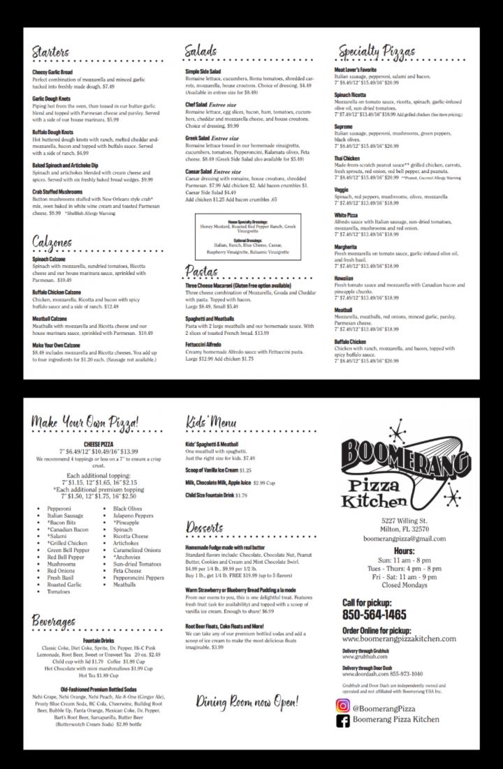 Boomerang Pizza Kitchen - Milton, FL menu_pic