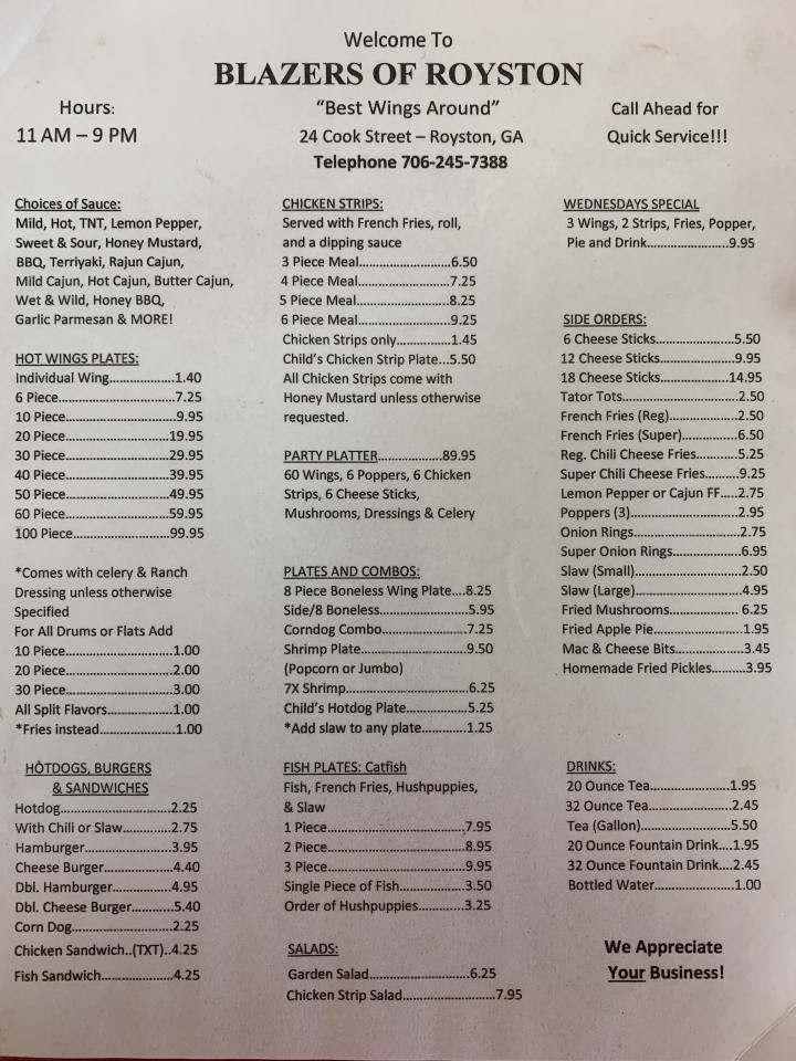 Blazers Of Royston - Royston, GA menu_pic