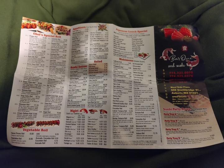 Bar One and Sushi - Auburn, MA menu_pic