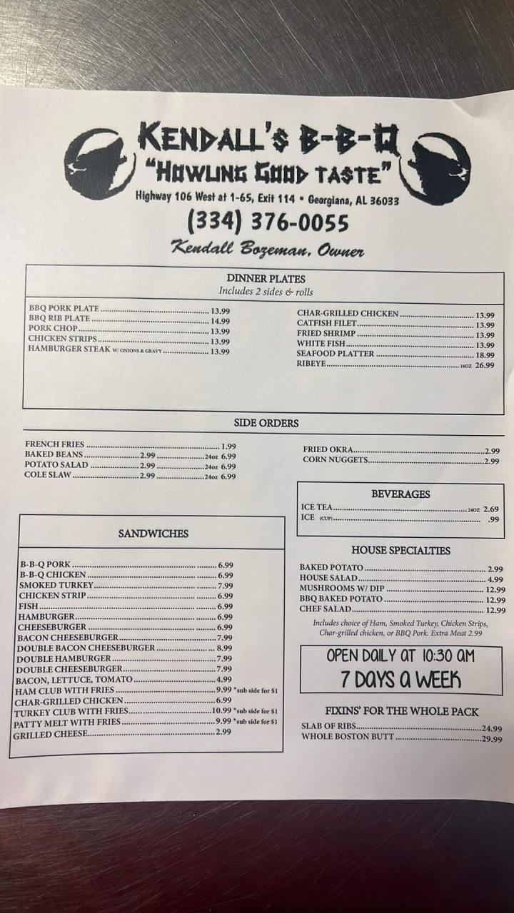Kendall's BBQ - Georgiana, AL menu_pic