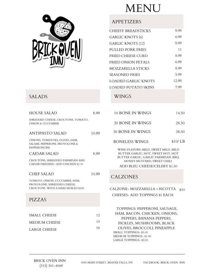 The Brick Oven Inn - Beaver Falls, NY menu_pic
