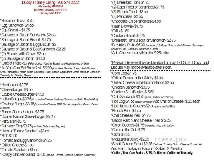 Buddy's Family Dining - Washington, GA menu_pic