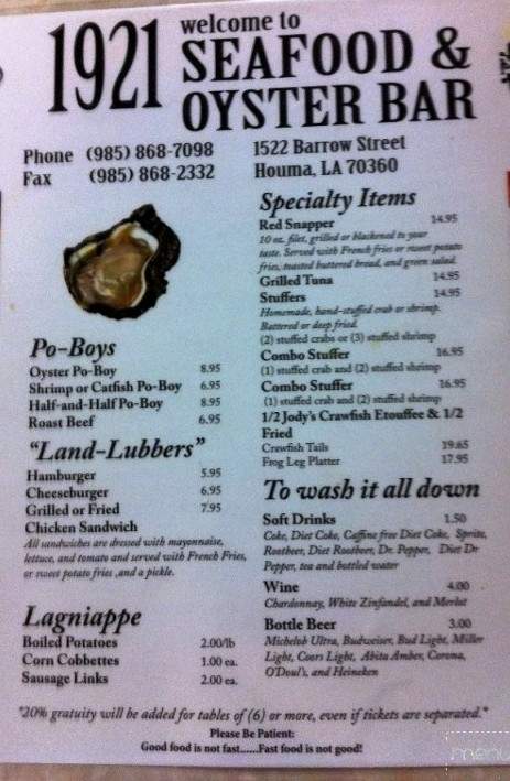 1921 Seafood - Houma, LA menu_pic
