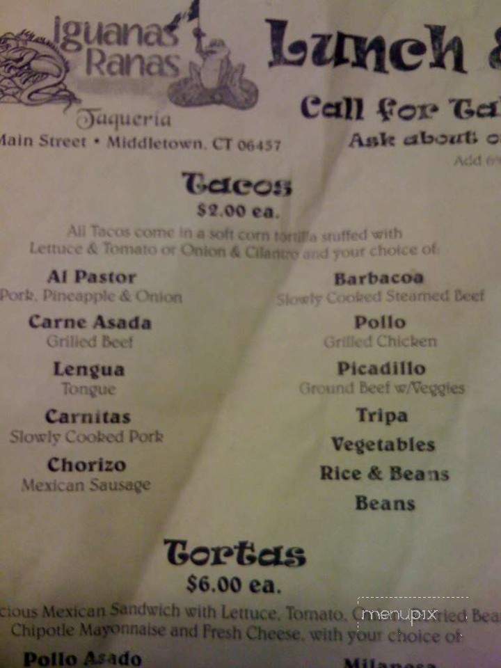 Iguanas Ranas Taqueria - Middletown, CT menu_pic