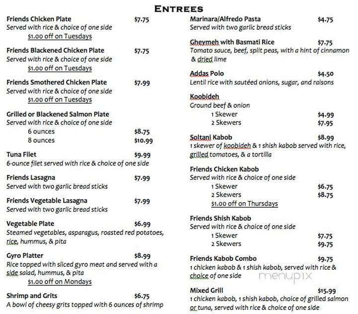 Friends Cafe - Clemson, SC menu_pic