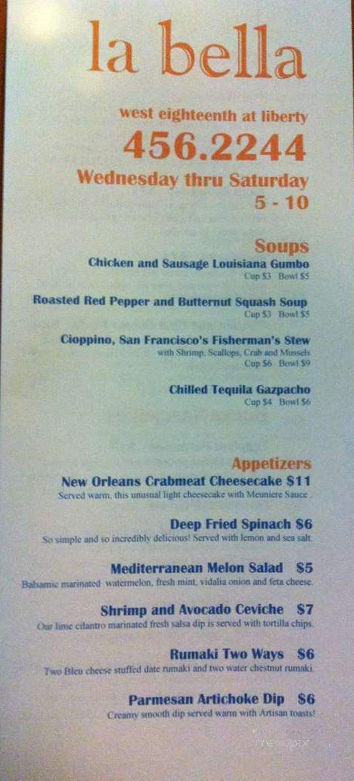 la bella Restaurant - Erie, PA menu_pic