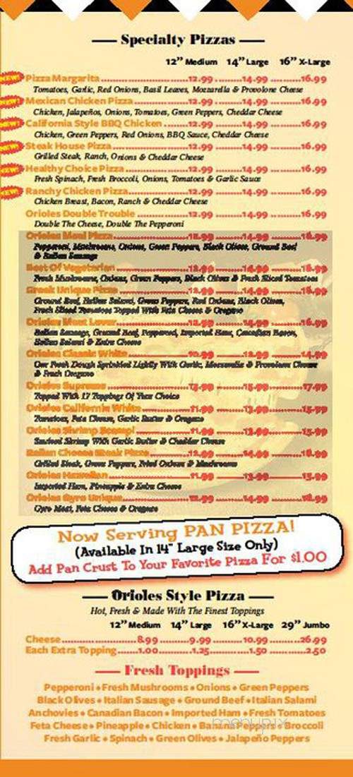 New Orioles Pizza - Glen Burnie, MD menu_pic