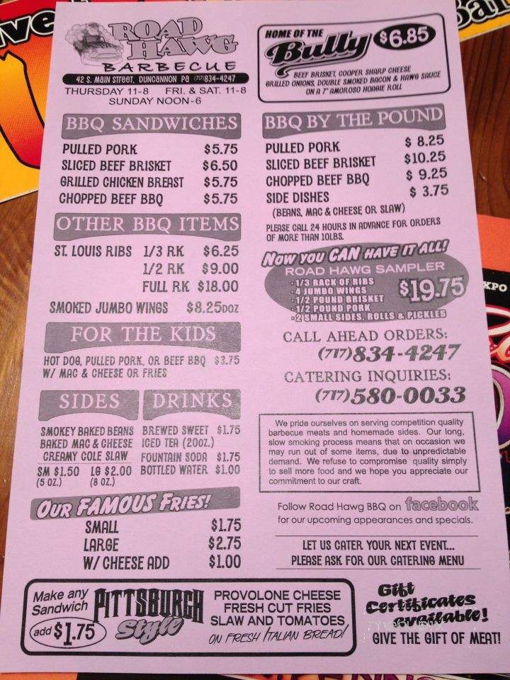 Roadhawg BBQ - Duncannon, PA menu_pic