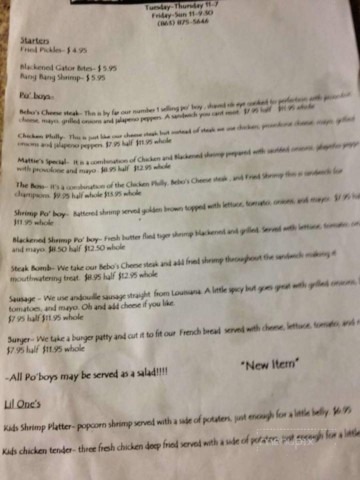 Bebos Marina - Winter Haven, FL menu_pic