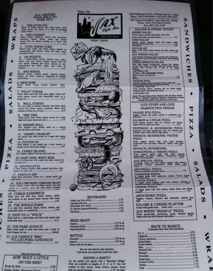 Jax 5th Ave Deli & Ale House - Orlando, FL menu_pic